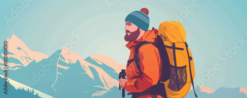 Man with a hiking backpack and mountain gear, flat portrait, vector illustration.