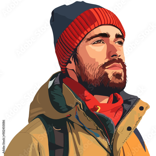 Man with a rugged look and outdoor gear, flat portrait, vector illustration.