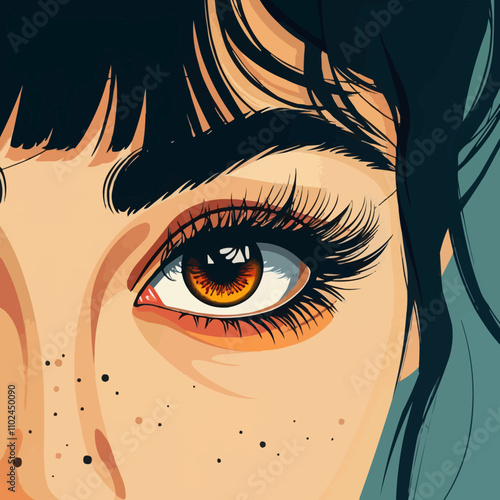 Manga style portrait with large expressive eyes and stylized features, flat portrait, vector illustration.