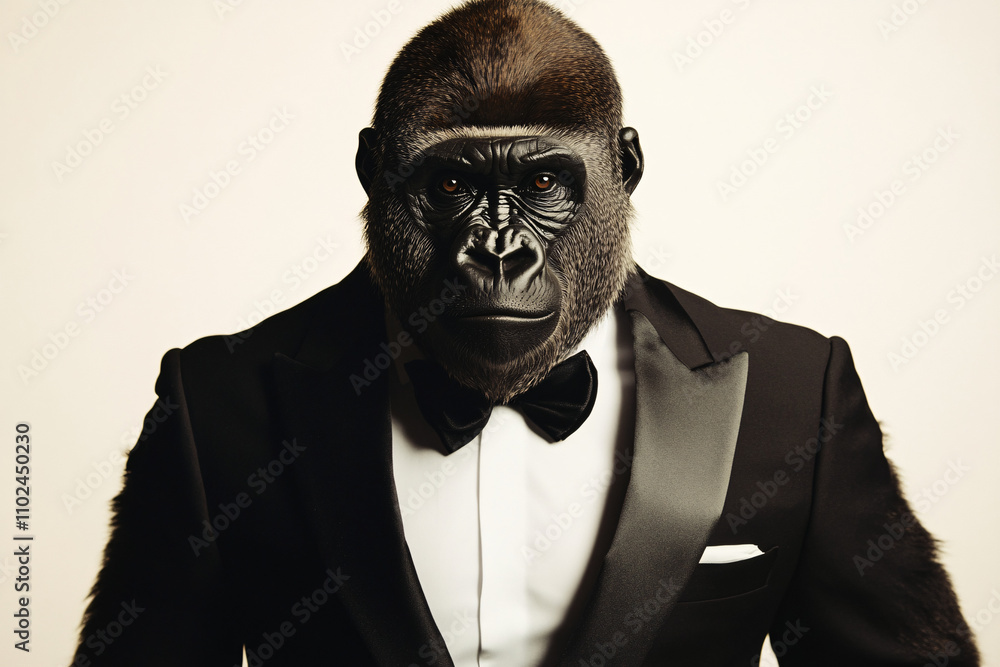 a sophisticated gorilla in a black tuxedo and bow tie captured in a formal portrait showcasing elegance power and unique artistry
a sophisticated gorilla in a black tuxedo and bow tie captured in a formal portrait showcasing elegance power and unique artistry