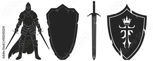 Medieval knight, sword and shield with armor, chivalric hero, vector illustration, black silhouette, flat style.