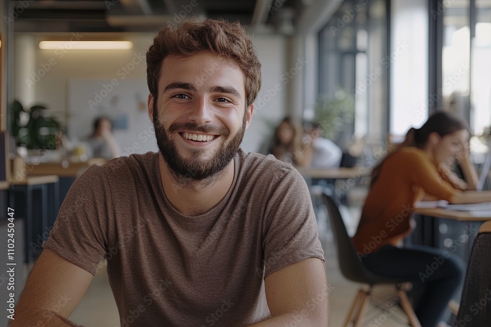 Young man smiles while working in a busy coworking space filled with professionals in the afternoon Young man smiles while working in a busy coworking space filled with professionals in the afternoon