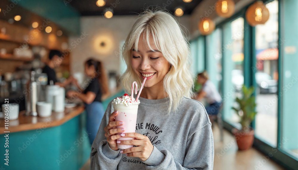 Young woman in gray shirt, blond hair, with pink drink, smiling, near counter with green walls and shelves. Young woman in gray shirt, blond hair, with pink drink, smiling, near counter with green walls and shelves.