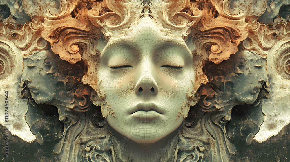 Intricate byzantine style illustration of ethereal faces. generative ai image. Archaic. Illustration