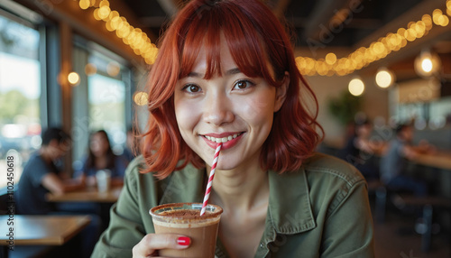 Woman in red hair smiling at camera, holding chocolate milkshake, sitting indoors in restaurant, casual attire, enjoying beverage. 