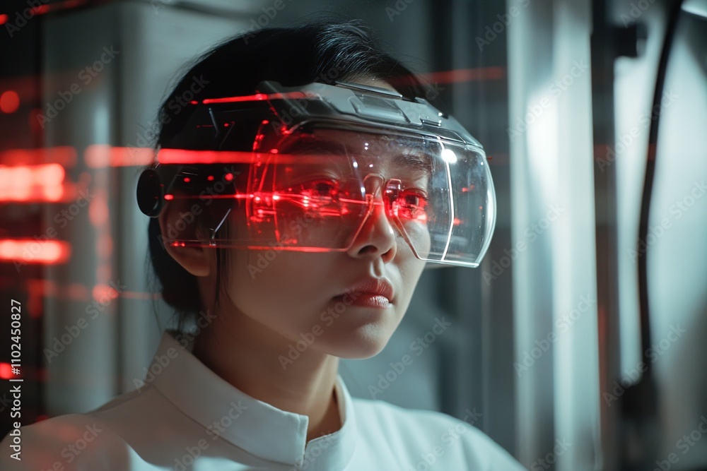 Scientist analyzes data wearing high-tech goggles in a modern laboratory Scientist analyzes data wearing high-tech goggles in a modern laboratory