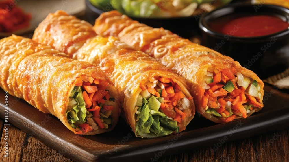 Crispy Vegetable Rolls on a Wooden Platter with Dipping Sauce Crispy Vegetable Rolls on a Wooden Platter with Dipping Sauce