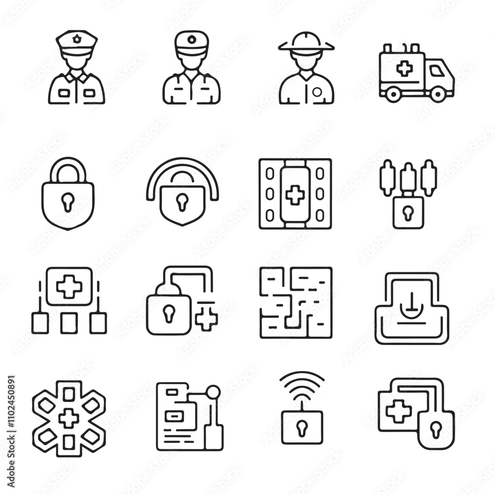 Minimalistic Line Icons for Public Safety, Security, and Emergency Services – Police, Firefighters, Ambulances & More Minimalistic Line Icons for Public Safety, Security, and Emergency Services – Police, Firefighters, Ambulances & More