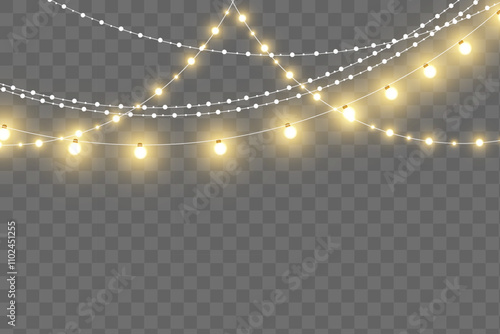 Christmas lights isolated on transparent background. Set of golden Christmas glowing garlands with sparks. For congratulations, invitations and advertising design. Vector