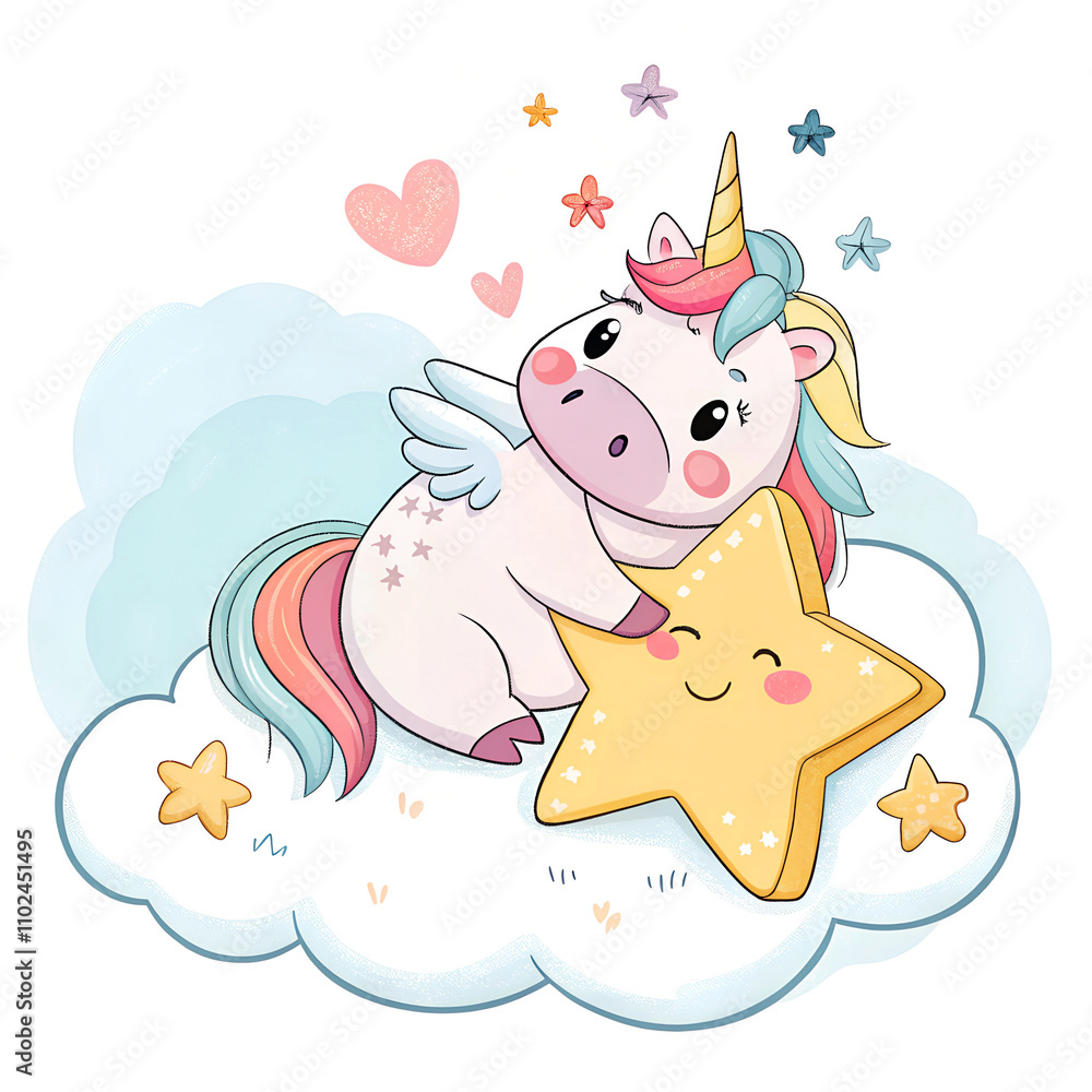 Adorable baby unicorn with tiny wings and pastel colors on fluffy cloud scene Adorable baby unicorn with tiny wings and pastel colors on fluffy cloud scene