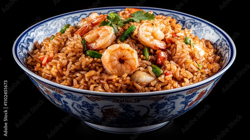 Shrimp Fried Rice in Decorative Bowl with Ingredients on Black Background Shrimp Fried Rice in Decorative Bowl with Ingredients on Black Background