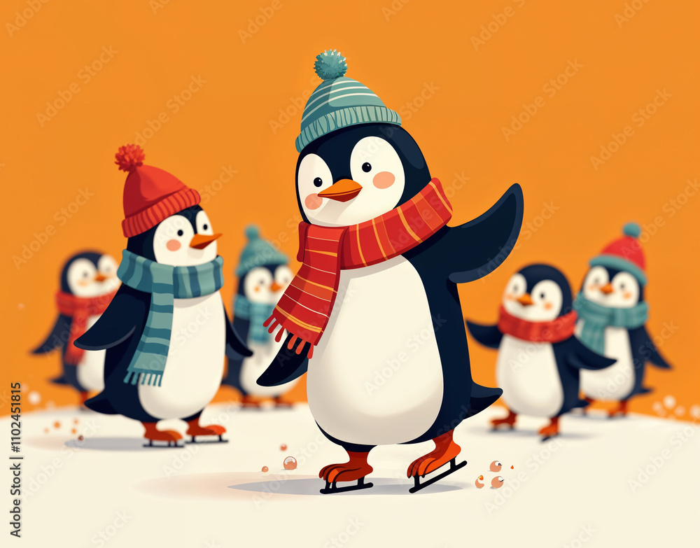 Fototapeta premium A cute penguin in a colorful hat and scarf skating on a frozen pond.