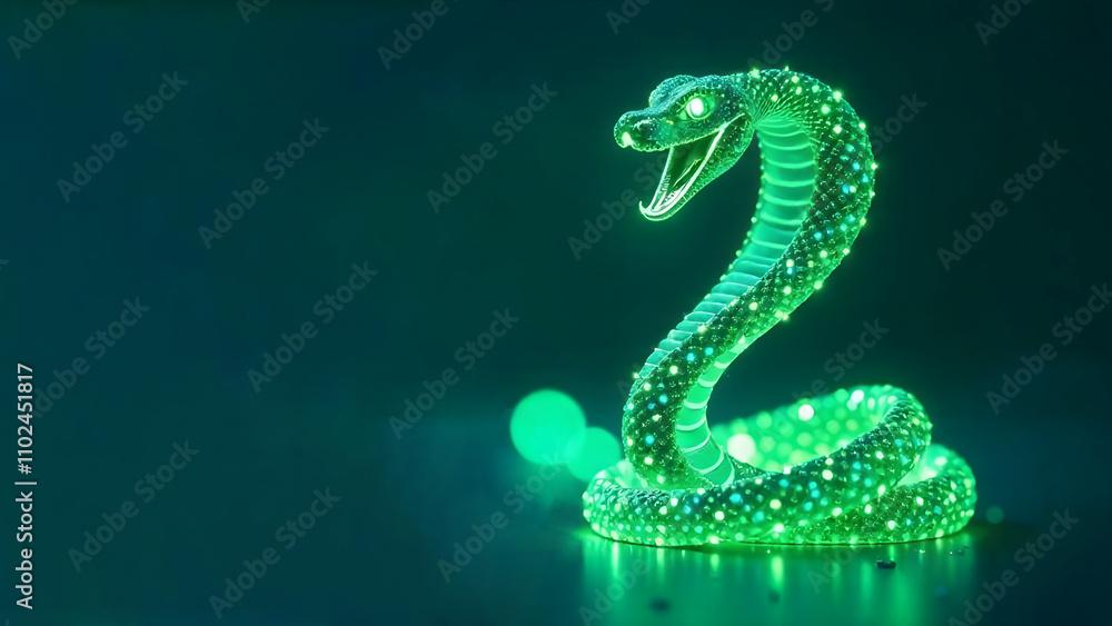 Abstract sparkling green cobra figure on dark background. Banner with place for text. Abstract sparkling green cobra figure on dark background. Banner with place for text.