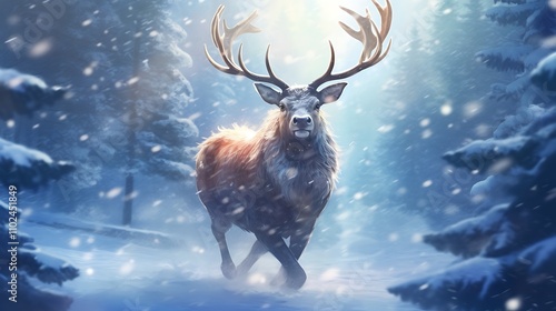 Majestic reindeer frolicking in a snowy clearing, adorned with wreaths of holly, embodying the magic of Christmas in the wilderness