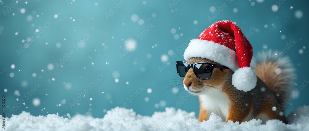 Happy New Year banner, squirrel in Santa Claus hat and sunglasses on blue background Happy New Year banner, squirrel in Santa Claus hat and sunglasses on blue background