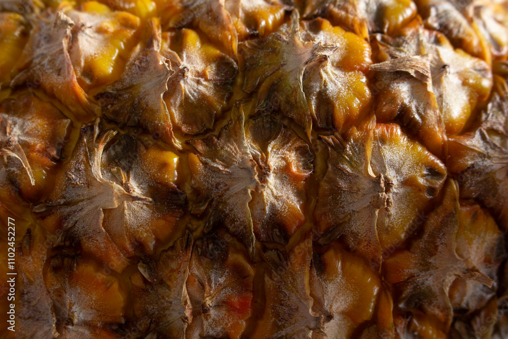 A closeup view of a the outer skin of a pineapple.