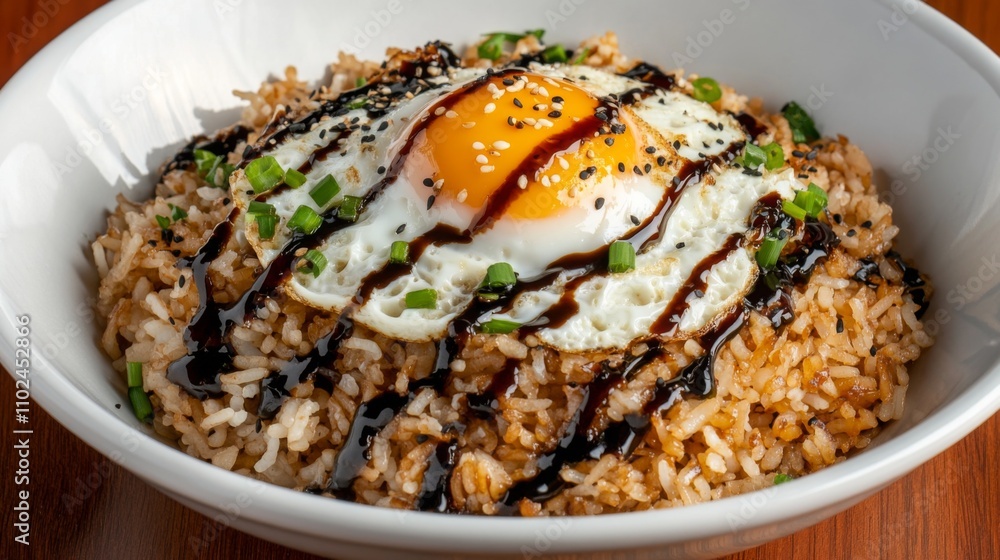Delicious Fried Rice Bowl with Fried Egg and Sauces Garnished Delicious Fried Rice Bowl with Fried Egg and Sauces Garnished