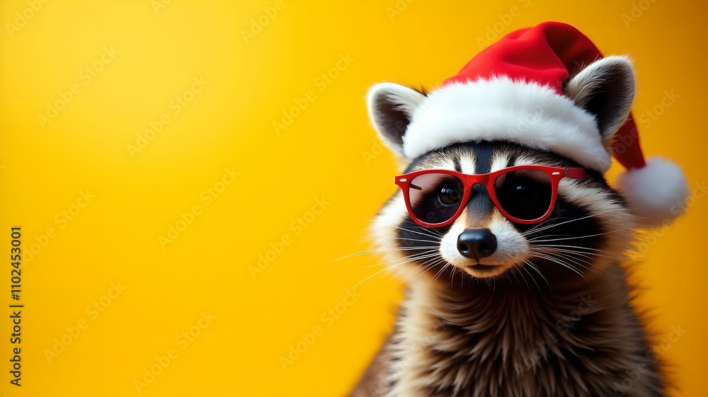 Happy New Year banner, raccoon in Santa Claus hat and sunglasses on yellow background Happy New Year banner, raccoon in Santa Claus hat and sunglasses on yellow background