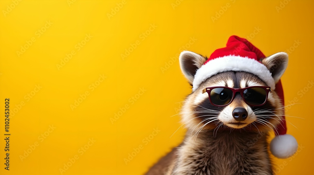 Happy New Year banner, raccoon in Santa Claus hat and sunglasses on yellow background Happy New Year banner, raccoon in Santa Claus hat and sunglasses on yellow background