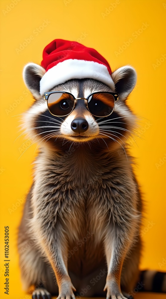 Happy New Year banner, raccoon in Santa Claus hat and sunglasses on yellow background Happy New Year banner, raccoon in Santa Claus hat and sunglasses on yellow background