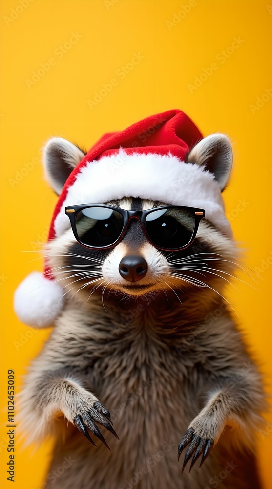 Happy New Year banner, raccoon in Santa Claus hat and sunglasses on yellow background Happy New Year banner, raccoon in Santa Claus hat and sunglasses on yellow background
