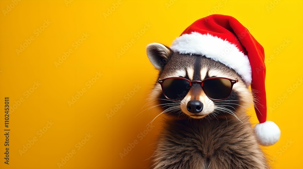 Happy New Year banner, raccoon in Santa Claus hat and sunglasses on yellow background Happy New Year banner, raccoon in Santa Claus hat and sunglasses on yellow background