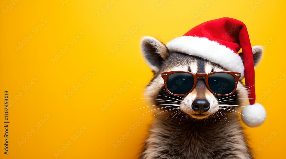 Happy New Year banner, raccoon in Santa Claus hat and sunglasses on yellow background Happy New Year banner, raccoon in Santa Claus hat and sunglasses on yellow background