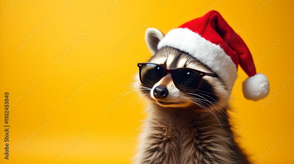Happy New Year banner, raccoon in Santa Claus hat and sunglasses on yellow background Happy New Year banner, raccoon in Santa Claus hat and sunglasses on yellow background