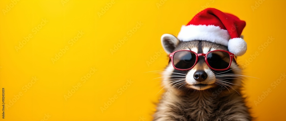 Happy New Year banner, raccoon in Santa Claus hat and sunglasses on yellow background Happy New Year banner, raccoon in Santa Claus hat and sunglasses on yellow background
