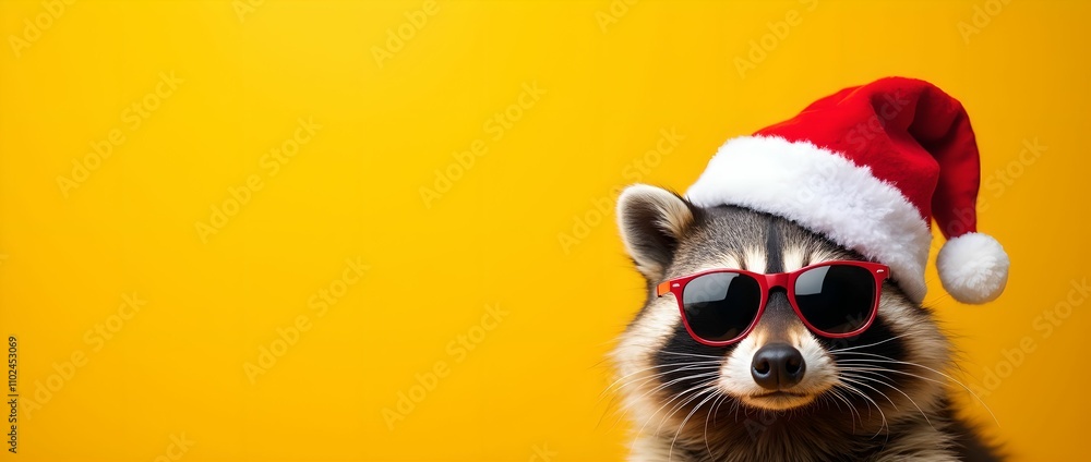 Happy New Year banner, raccoon in Santa Claus hat and sunglasses on yellow background Happy New Year banner, raccoon in Santa Claus hat and sunglasses on yellow background
