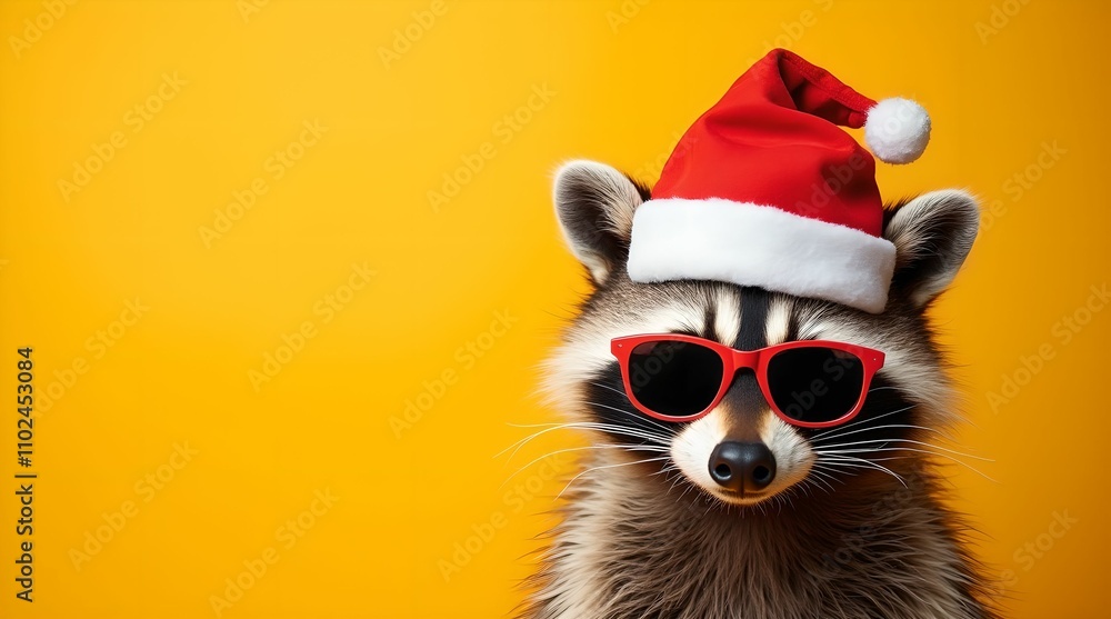 Happy New Year banner, raccoon in Santa Claus hat and sunglasses on yellow background Happy New Year banner, raccoon in Santa Claus hat and sunglasses on yellow background