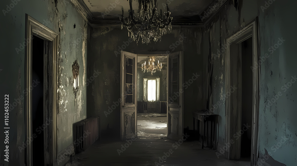 Dark and eerie hallway with chandelier in abandoned manor. Archaic. Illustration Dark and eerie hallway with chandelier in abandoned manor. Archaic. Illustration