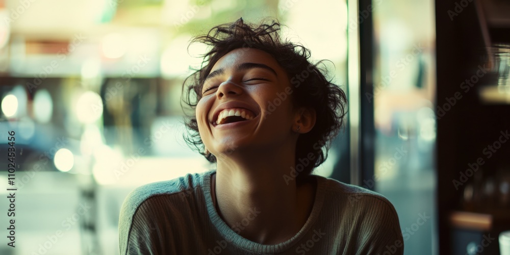 Joyful Young Woman Laughing Near Window Joyful Young Woman Laughing Near Window