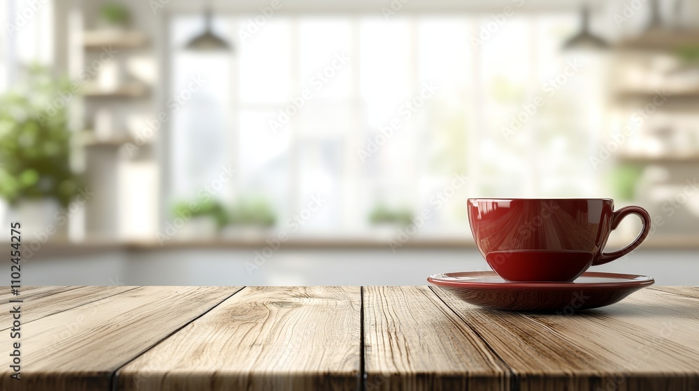 Steaming Red Coffee Cup on Rustic Wooden Table, with a Bright, Blurry Kitchen Background Steaming Red Coffee Cup on Rustic Wooden Table, with a Bright, Blurry Kitchen Background