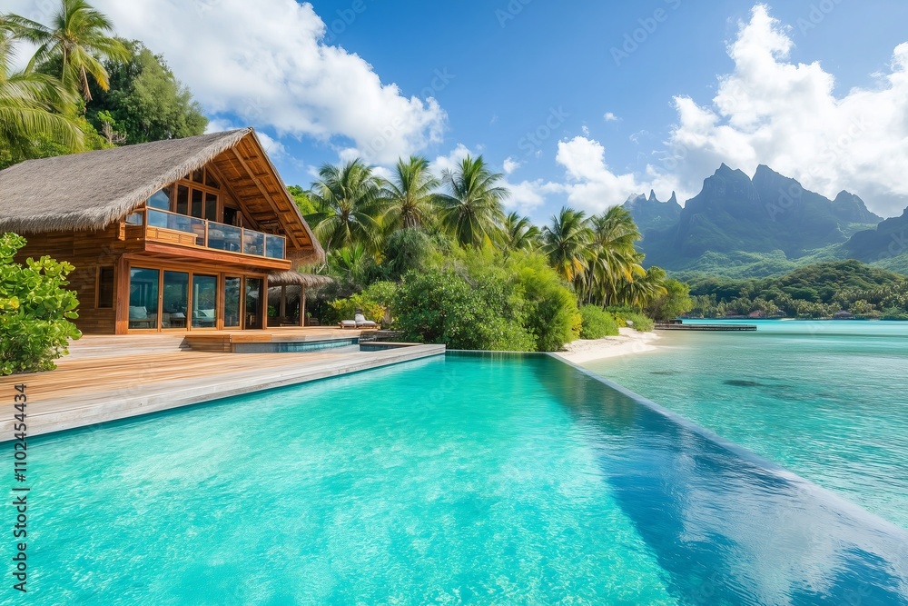 Fototapeta premium overwater bungalow with a private pool, set on a stunning turquoise lagoon surrounded by a chain of similar bungalows