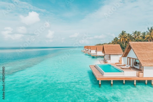 overwater bungalow with a private pool, set on a stunning turquoise lagoon surrounded by a chain of similar bungalows