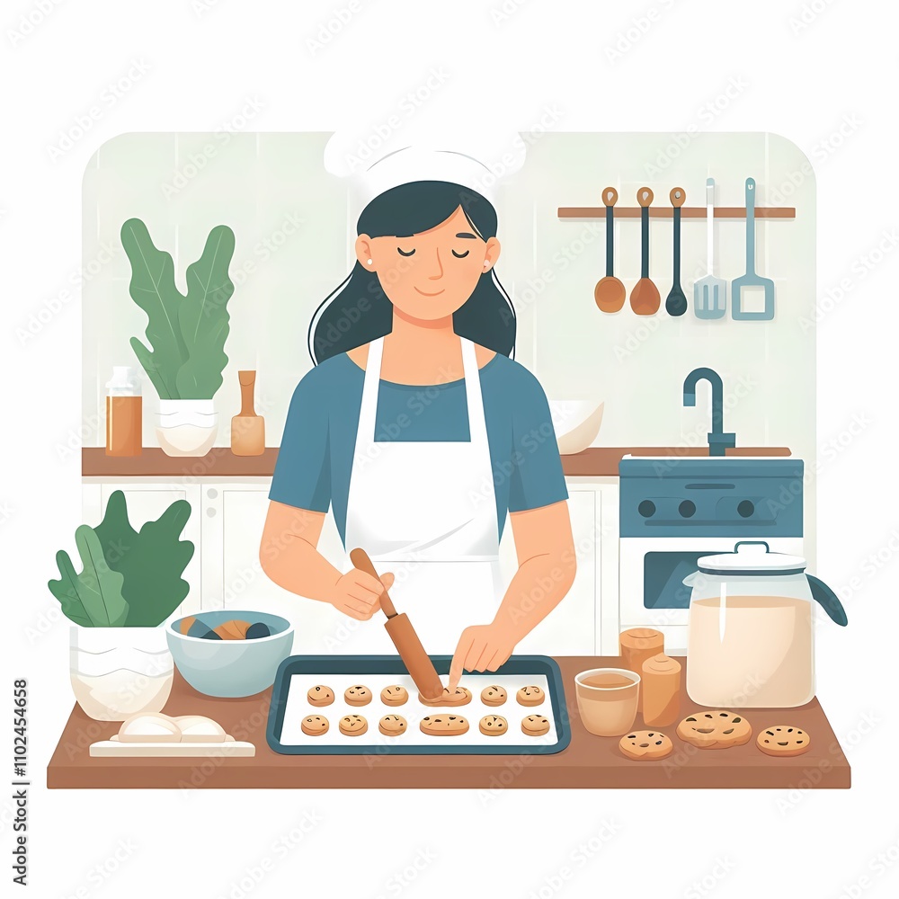 Flat Style Illustration of a Woman Baking Cookies, White Background Flat Style Illustration of a Woman Baking Cookies, White Background