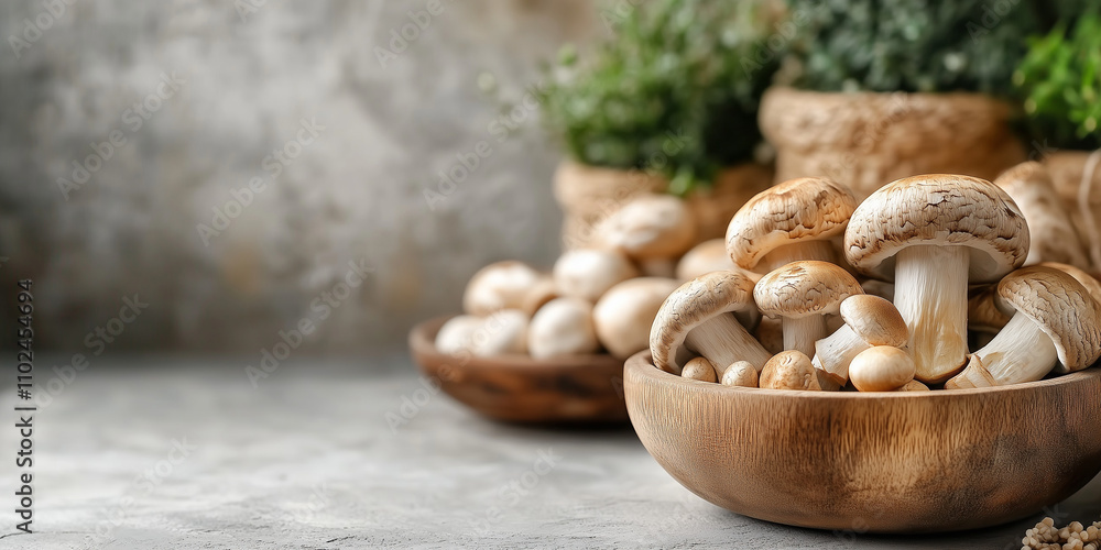 fresh mushrooms on neutral grey background fresh mushrooms on neutral grey background