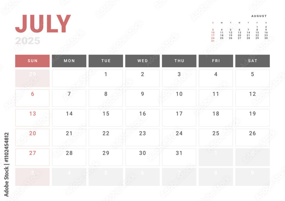 Monthly page Calendar Planner Template of July 2025. Vector layout of calendar with week start Monday for Scheduling. Page for size A4 or 21x29.7 cm Monthly page Calendar Planner Template of July 2025. Vector layout of calendar with week start Monday for Scheduling. Page for size A4 or 21x29.7 cm