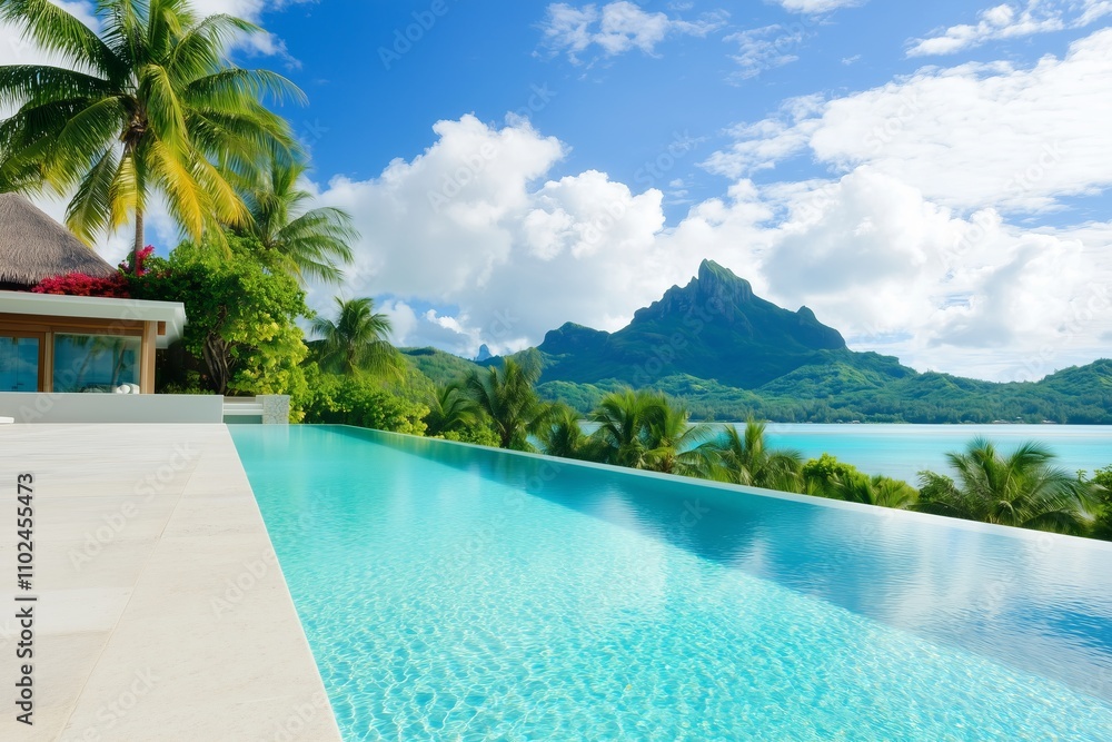 Fototapeta premium luxury beachfront villa with a private infinity pool, nestled in lush greenery on a secluded tropical island
