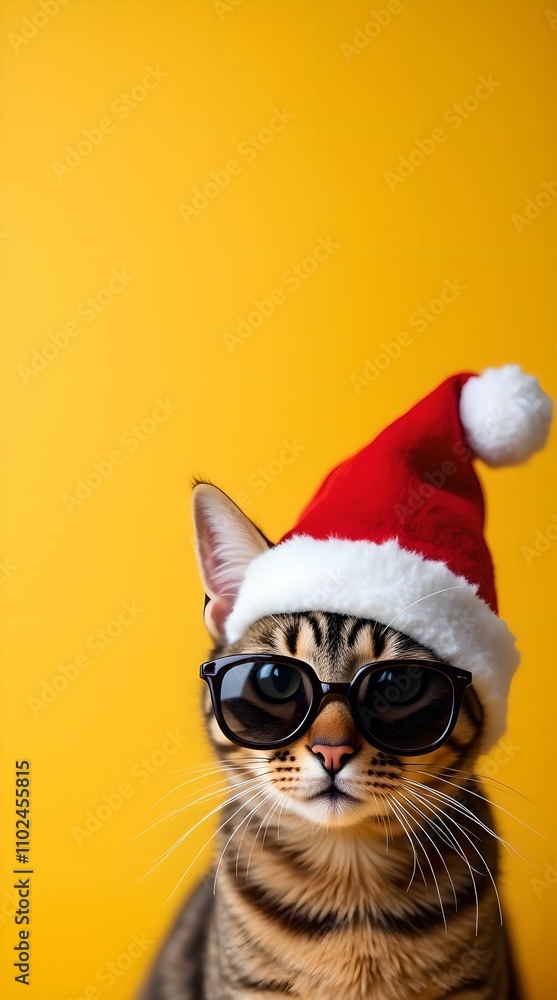 Happy New Year banner, Cat in Santa Claus hat and sunglasses on yellow background Happy New Year banner, Cat in Santa Claus hat and sunglasses on yellow background