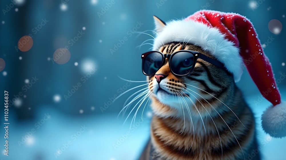 Happy New Year banner, Cat in Santa Claus hat and sunglasses on blue background Happy New Year banner, Cat in Santa Claus hat and sunglasses on blue background