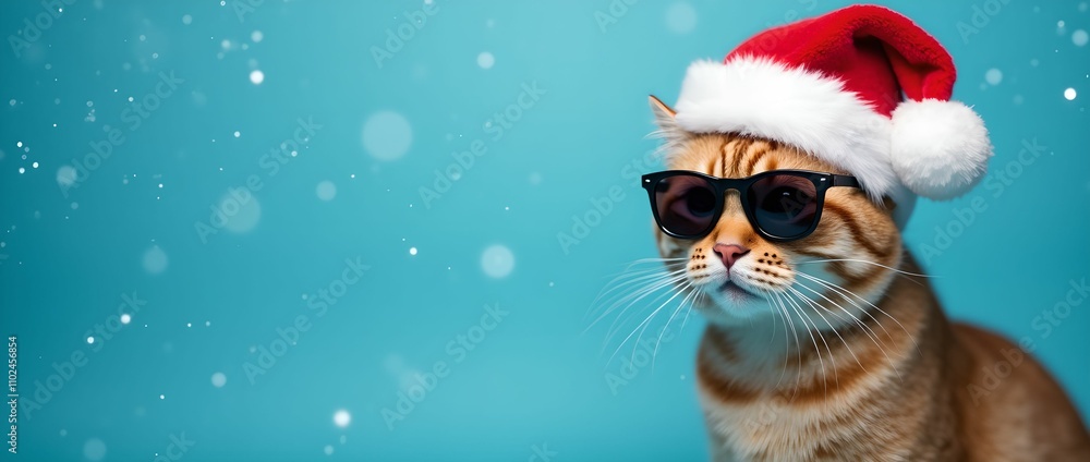 Happy New Year banner, Cat in Santa Claus hat and sunglasses on blue background Happy New Year banner, Cat in Santa Claus hat and sunglasses on blue background