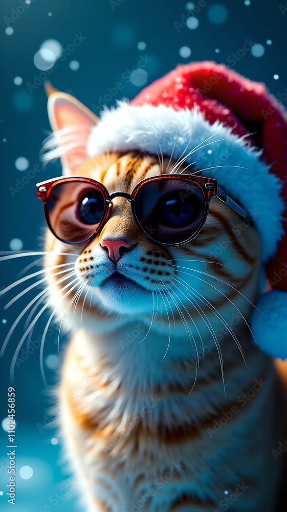 Happy New Year banner, Cat in Santa Claus hat and sunglasses on blue background Happy New Year banner, Cat in Santa Claus hat and sunglasses on blue background