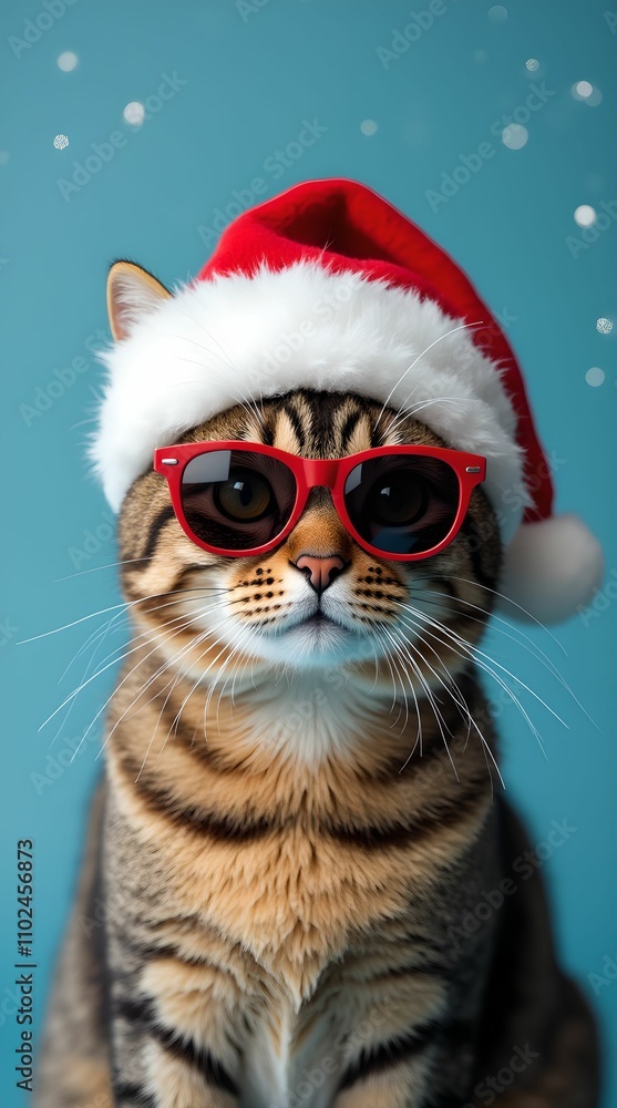 Happy New Year banner, Cat in Santa Claus hat and sunglasses on blue background Happy New Year banner, Cat in Santa Claus hat and sunglasses on blue background