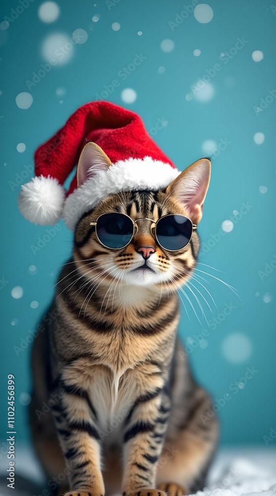 Happy New Year banner, Cat in Santa Claus hat and sunglasses on blue background Happy New Year banner, Cat in Santa Claus hat and sunglasses on blue background