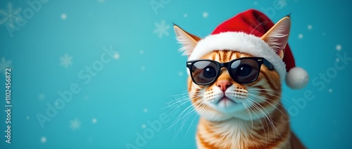 Happy New Year banner, Cat in Santa Claus hat and sunglasses on blue background