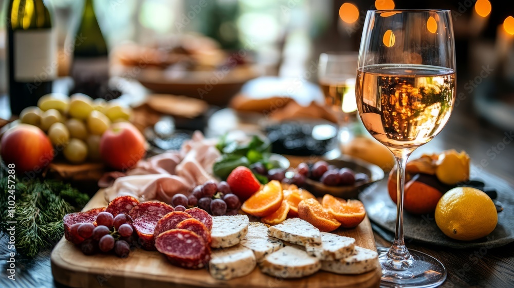 A cozy gathering features a stunning charcuterie board of cheeses, meats, and fruits, paired with elegant wine under soft lighting A cozy gathering features a stunning charcuterie board of cheeses, meats, and fruits, paired with elegant wine under soft lighting