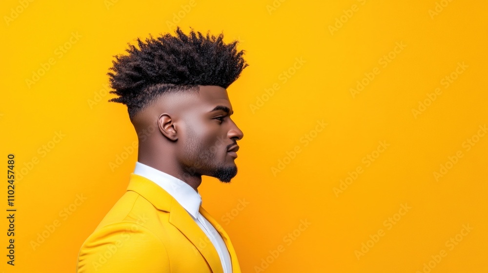 Obraz premium fashionable man showcases a contemporary haircut while wearing a bright yellow suit. He stands confidently sideways, emphasizing his bold style and unique look against a vivid background
