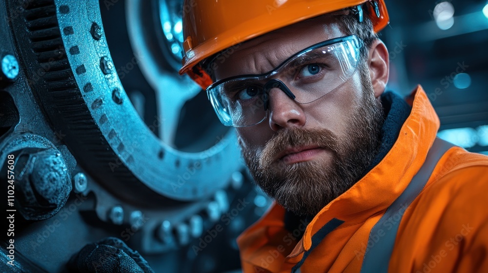 diligent worker wearing an orange safety jacket and helmet examines complex machinery in a factory. atmosphere is industrial, showcasing a commitment to safety and precision diligent worker wearing an orange safety jacket and helmet examines complex machinery in a factory. atmosphere is industrial, showcasing a commitment to safety and precision